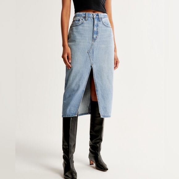 Abercrombie & Fitch High Rise Denim Midi Skirt Light Wash - Picture 2 of 5